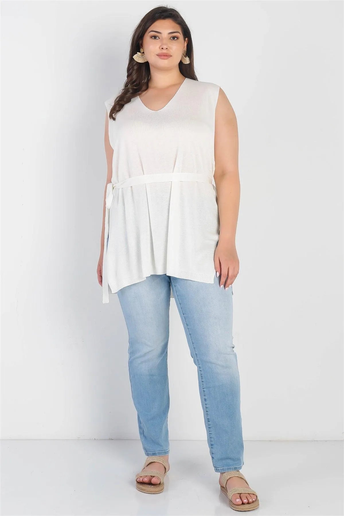 Junior Plus White Knit Belted V-Neck Sleeveless Top /4-1-1 - Tasha Apparel Wholesale