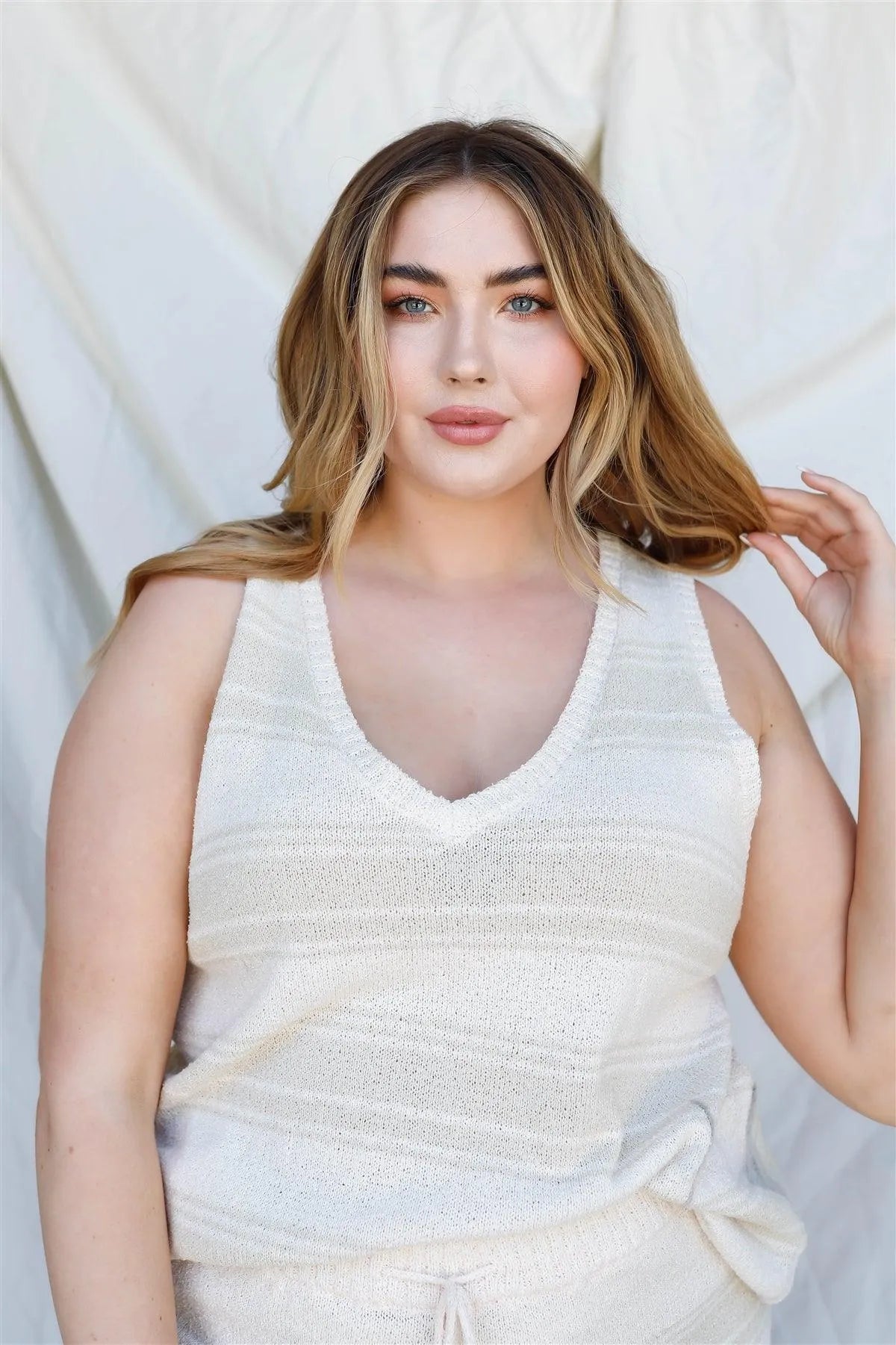 Junior Plus White Stripe Knit Sleeveless Top & Short Set /3-2-1 - Tasha Apparel Wholesale