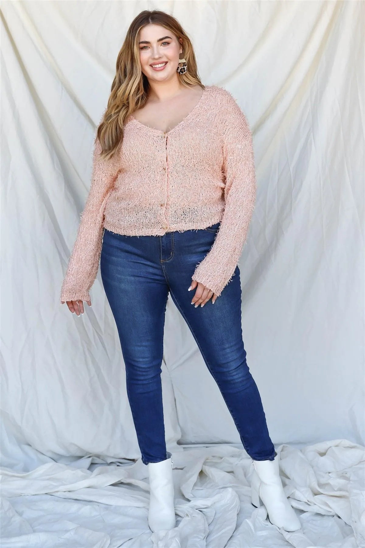 Junior Plus Pink Textured Knit Long Sleeve Cardigan Top /3-2-1 - Tasha Apparel Wholesale