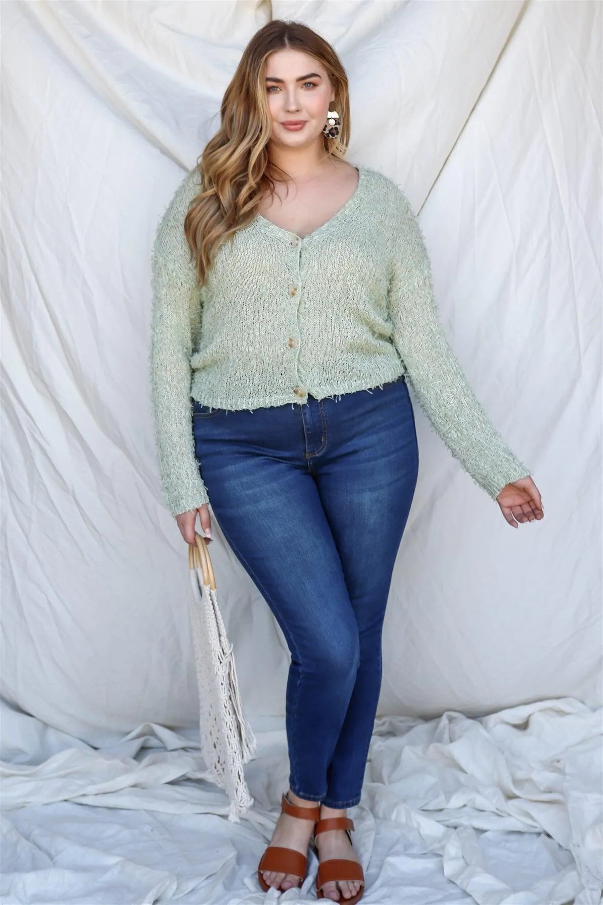 Junior Plus Sage Textured Knit Long Sleeve Cardigan Top /3-2-1 - Tasha Apparel Wholesale