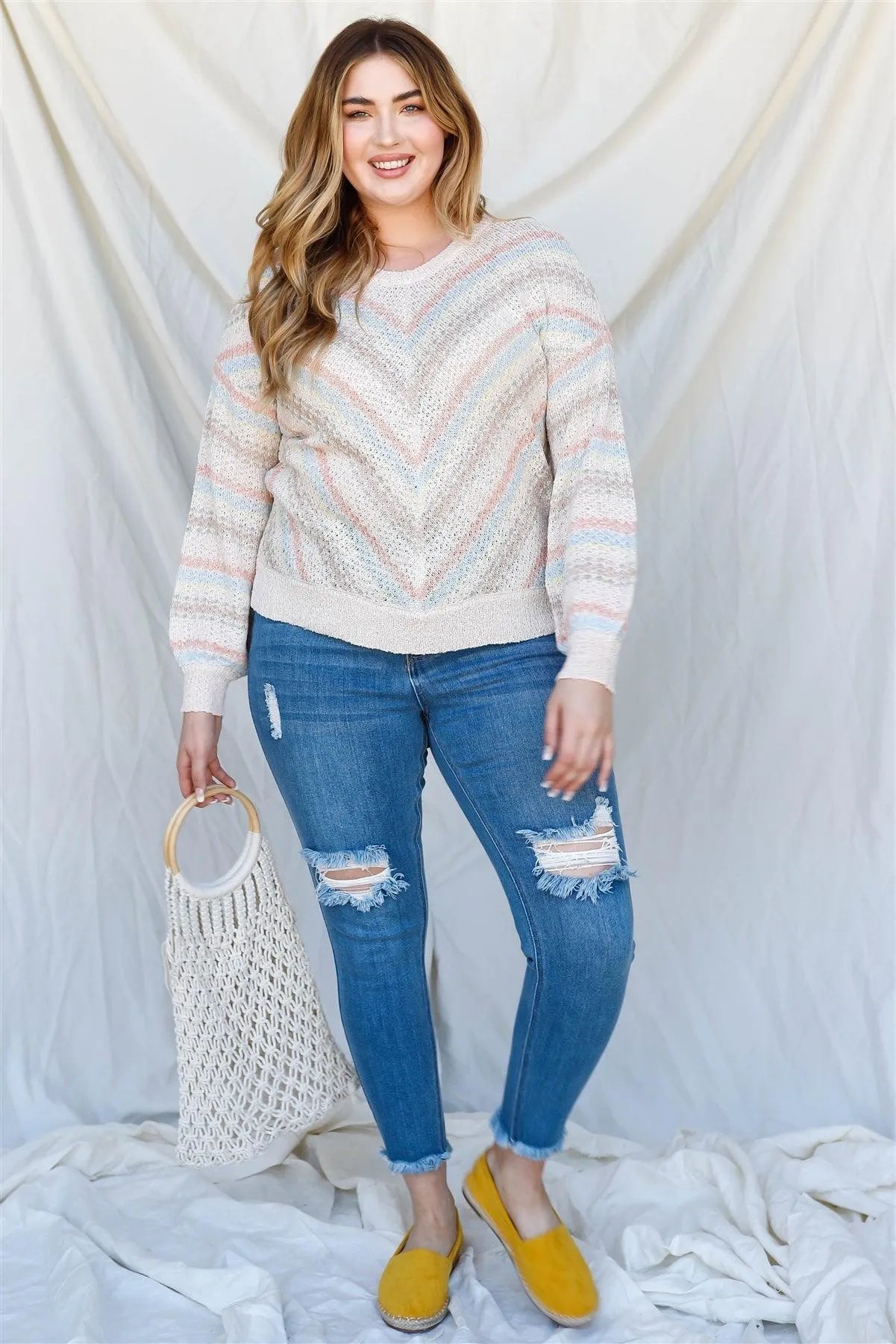Junior Plus Taupe Stripe Knit Cotton Blend Long Sleeve Top /4-2-1 - Tasha Apparel Wholesale
