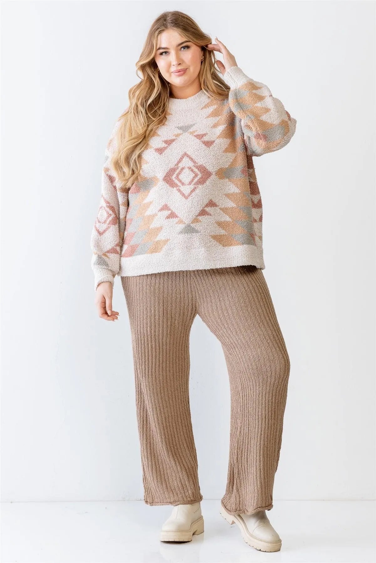 Junior Plus Beige Geo Pattern Knit Soft To Touch Sweater /3-2-1 - Tasha Apparel Wholesale
