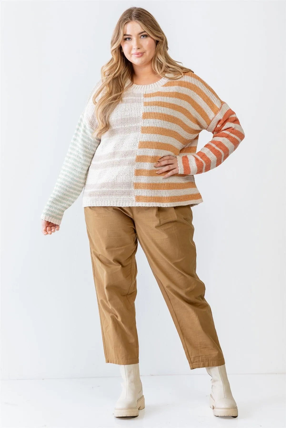 Junior Plus Beige Multicolor Striped Knit Long Sleeve Sweater /3-2-1 - Tasha Apparel Wholesale