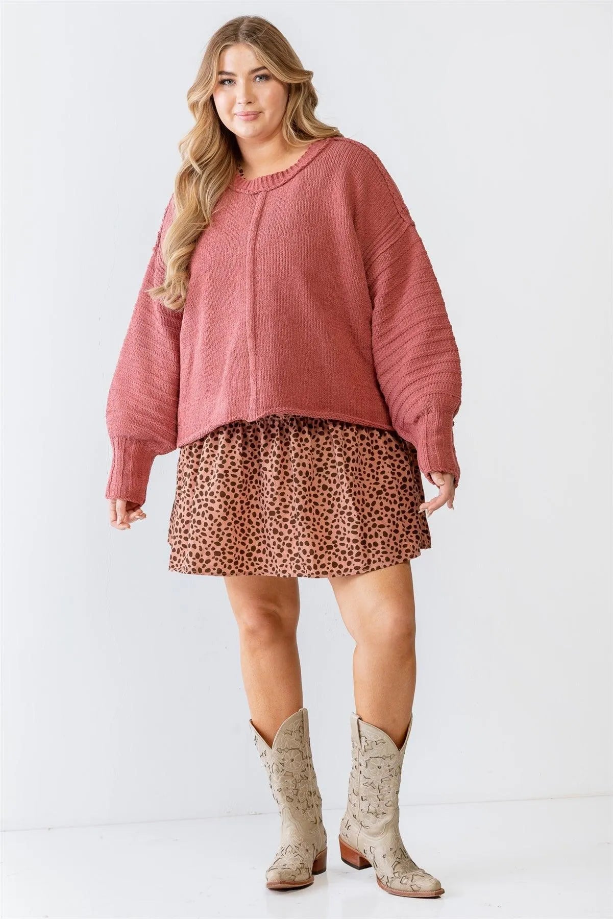 Junior Plus Brick Knit Inside-Out Long Sleeve Sweater /3-2-1 - Tasha Apparel Wholesale
