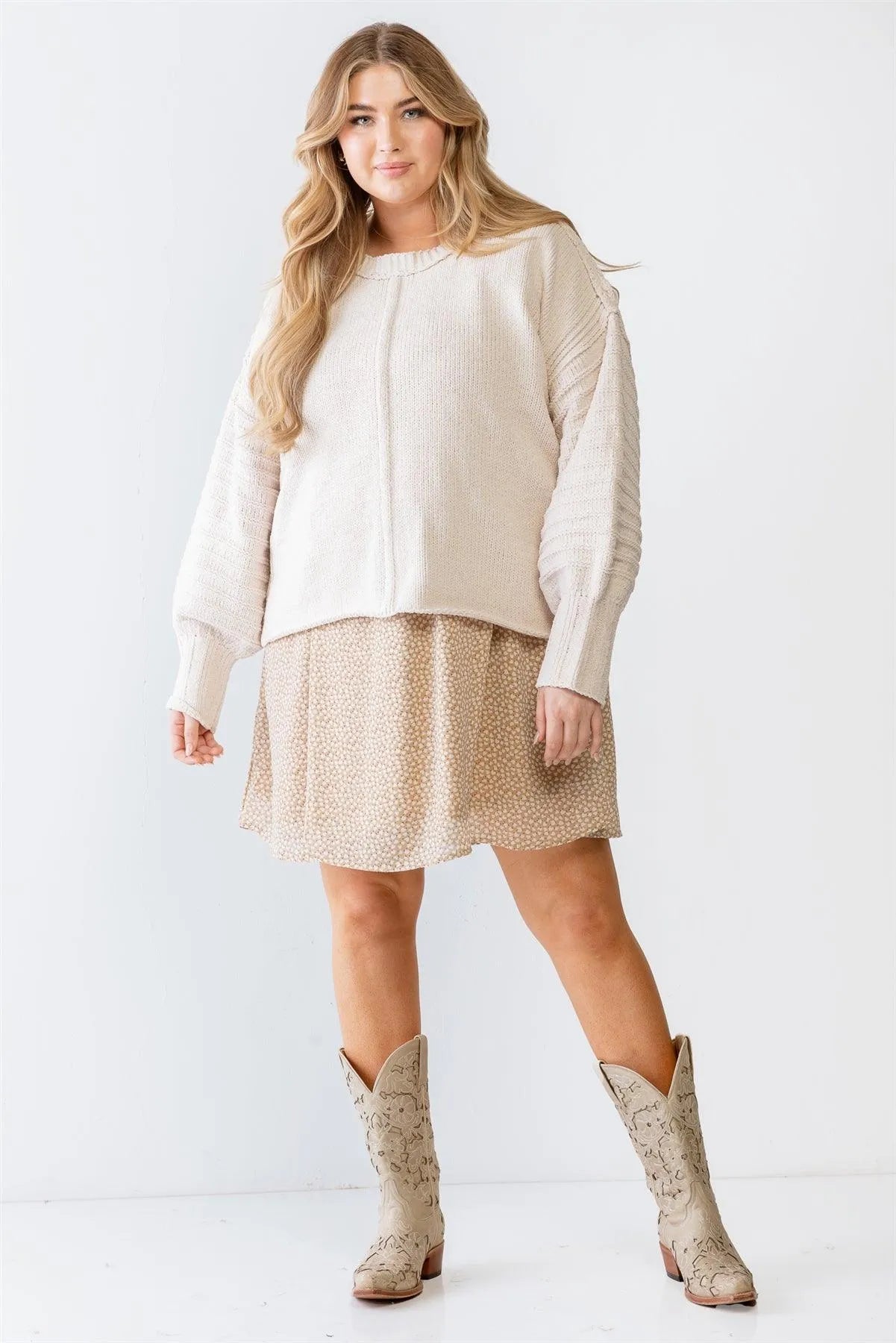 Junior Plus Cream Knit Inside-Out Long Sleeve Sweater /3-2-1 - Tasha Apparel Wholesale