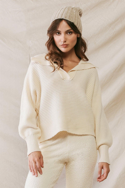 Cream Knit Collared Long Sleeve Cropped Sweater /2-2-2