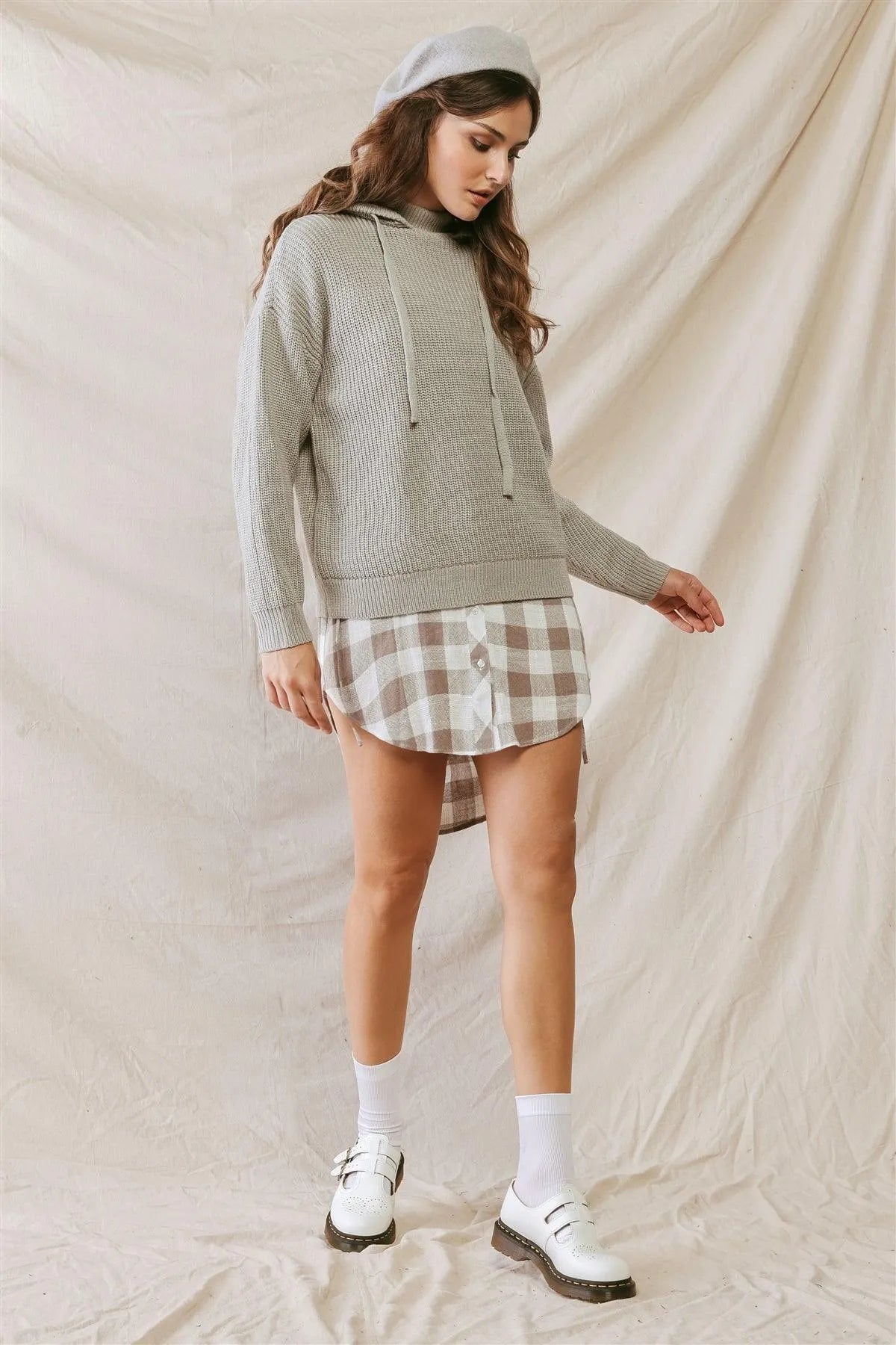 Heather Grey Knit Hooded Long Sleeve Relaxed Sweater /2-2-2 - Tasha Apparel Wholesale