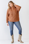Junior Plus Camel Knit Long Sleeve Hooded Sweater /1-2-1