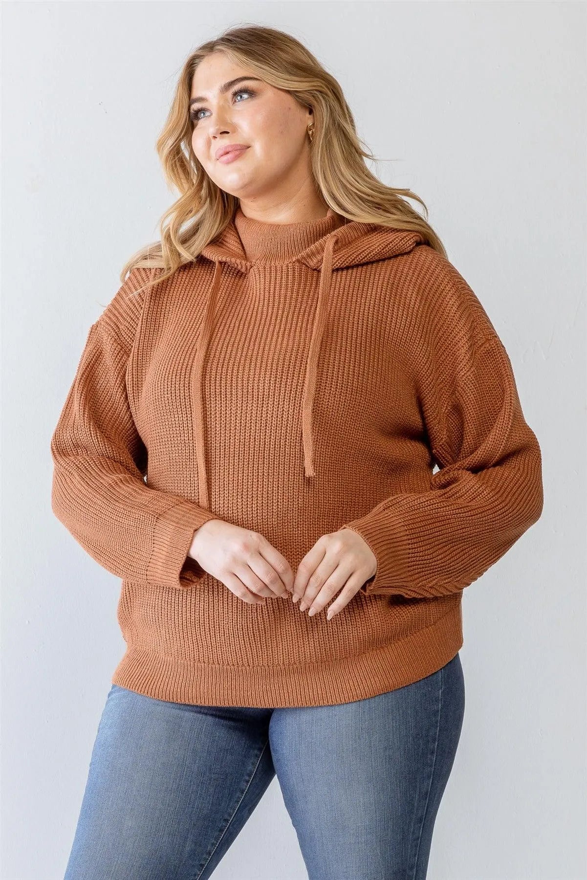 Junior Plus Camel Knit Long Sleeve Hooded Sweater /1-2-1 - Tasha Apparel Wholesale