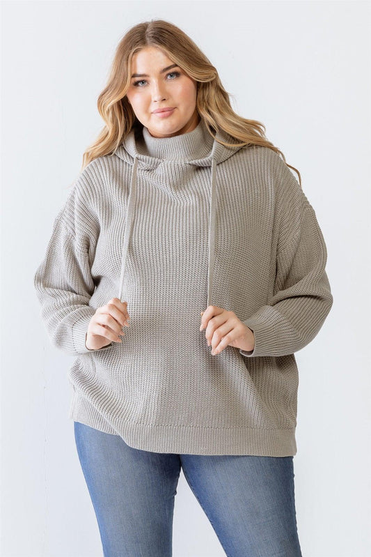 Junior Plus Heather Grey Knit Long Sleeve Hooded Sweater /2-2-1