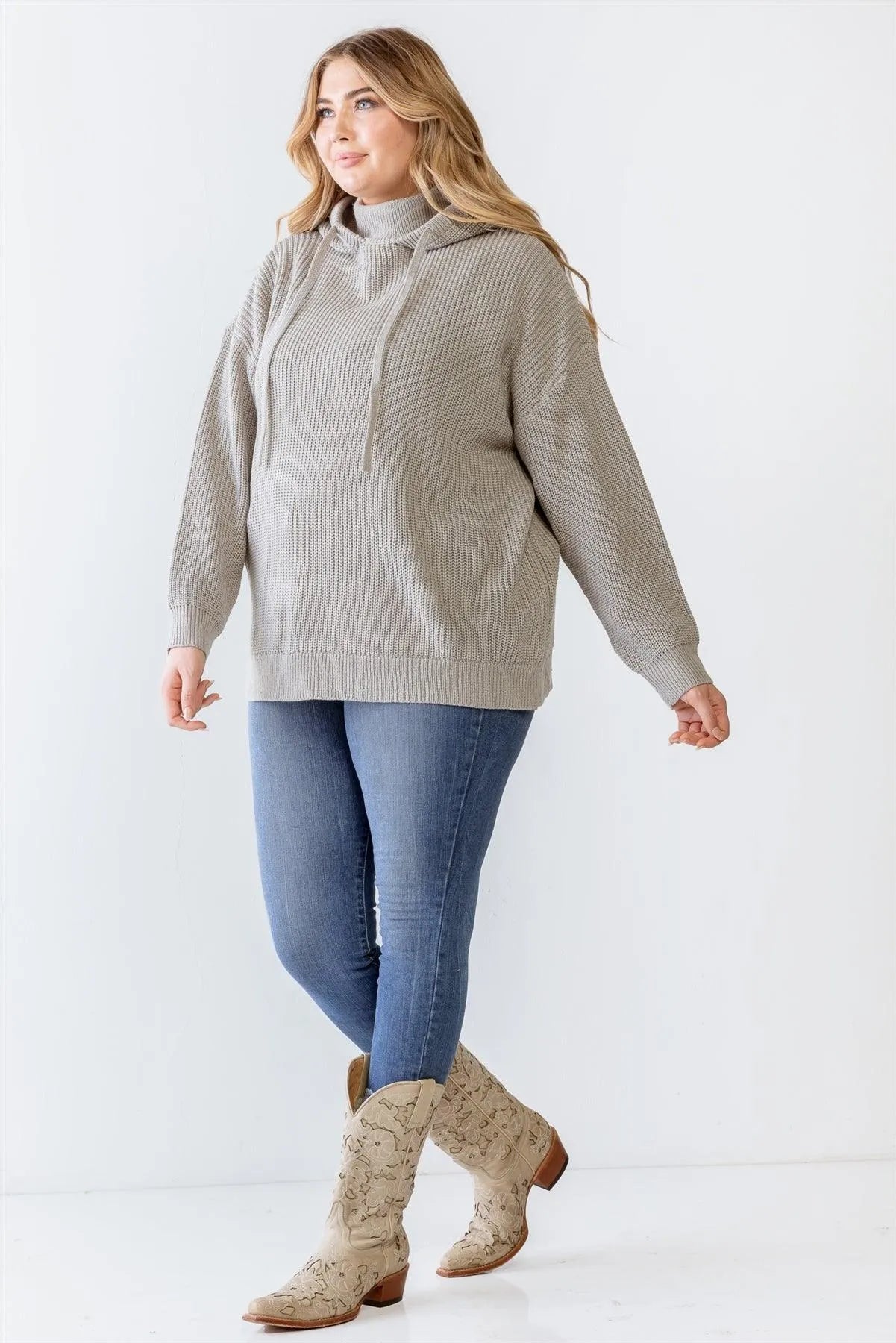 Junior Plus Heather Grey Knit Long Sleeve Hooded Sweater /2-2-1 - Tasha Apparel Wholesale