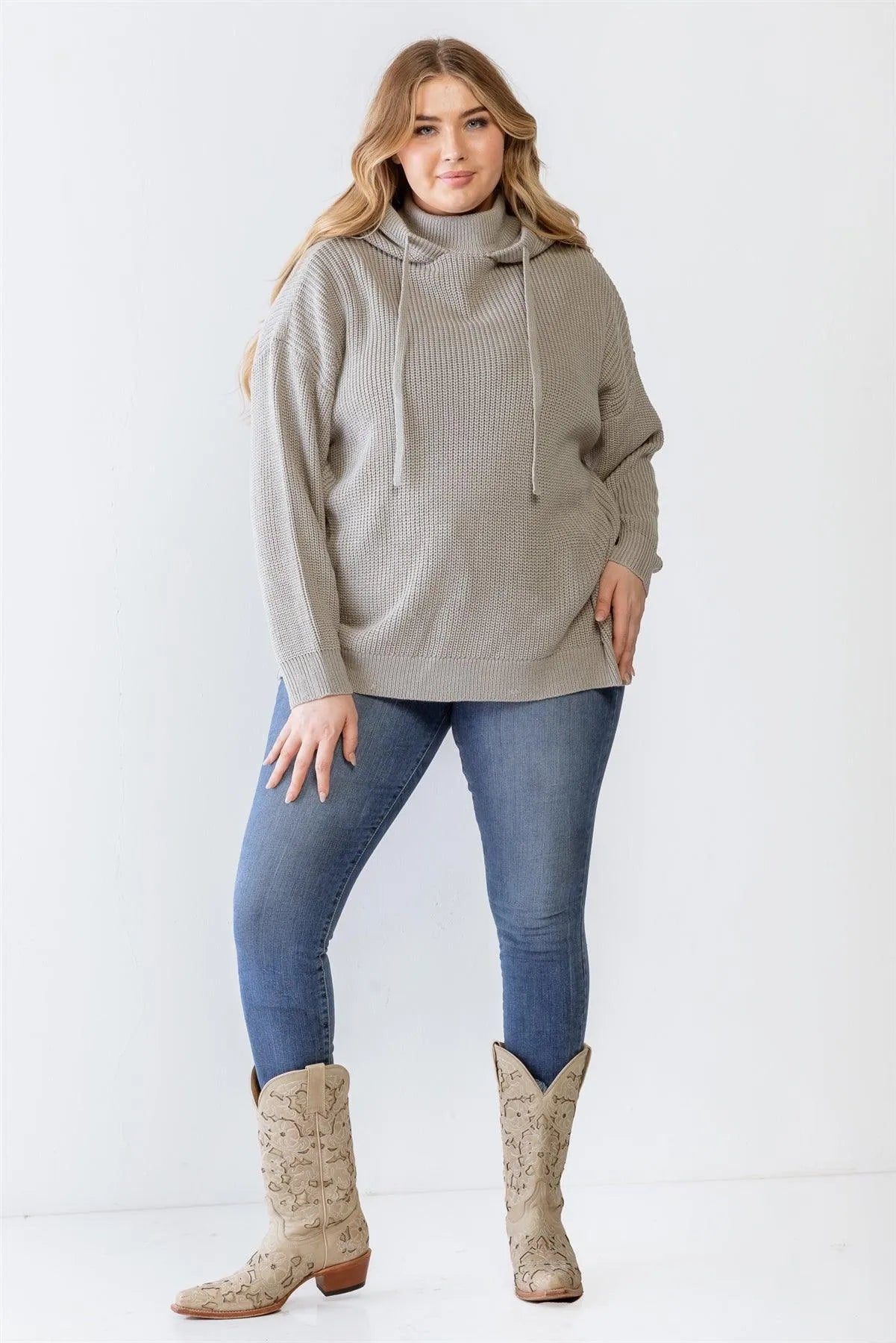 Junior Plus Heather Grey Knit Long Sleeve Hooded Sweater /3-2-1 - Tasha Apparel Wholesale