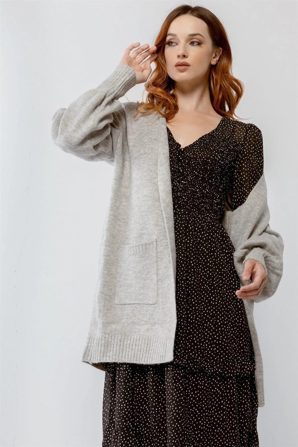 Heather Grey Knit Two Pocket Soft To Touch Open Front Cardigan /2-3-1 - Tasha Apparel Wholesale