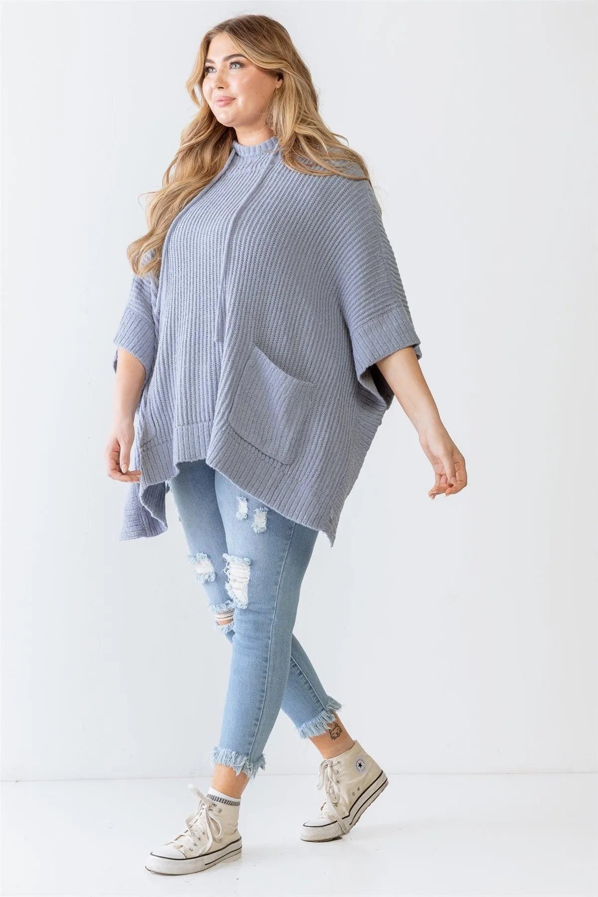 Plus Size Denim Knit Two Pocket Hooded Poncho - Tasha Apparel Wholesale