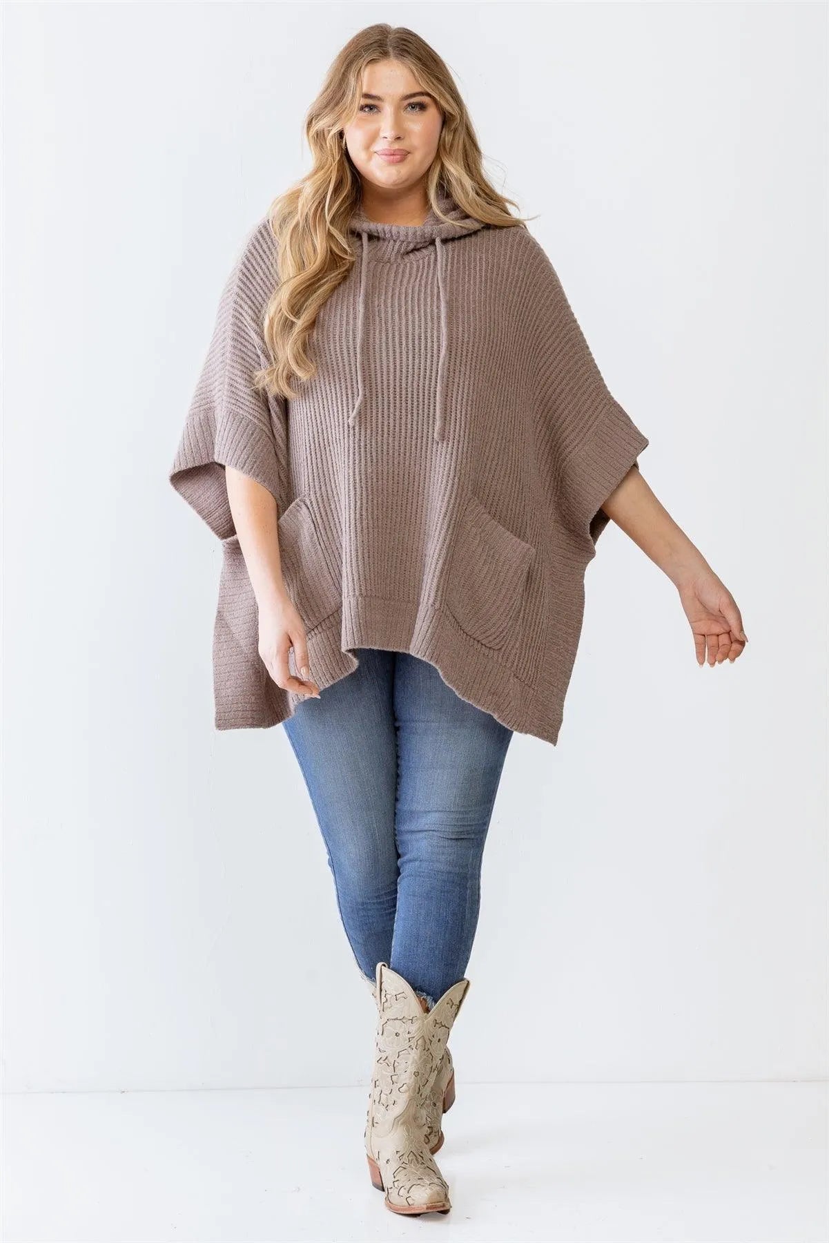 Plus Size Mocha Knit Two Pocket Hooded Poncho /3-2-1 - Tasha Apparel Wholesale