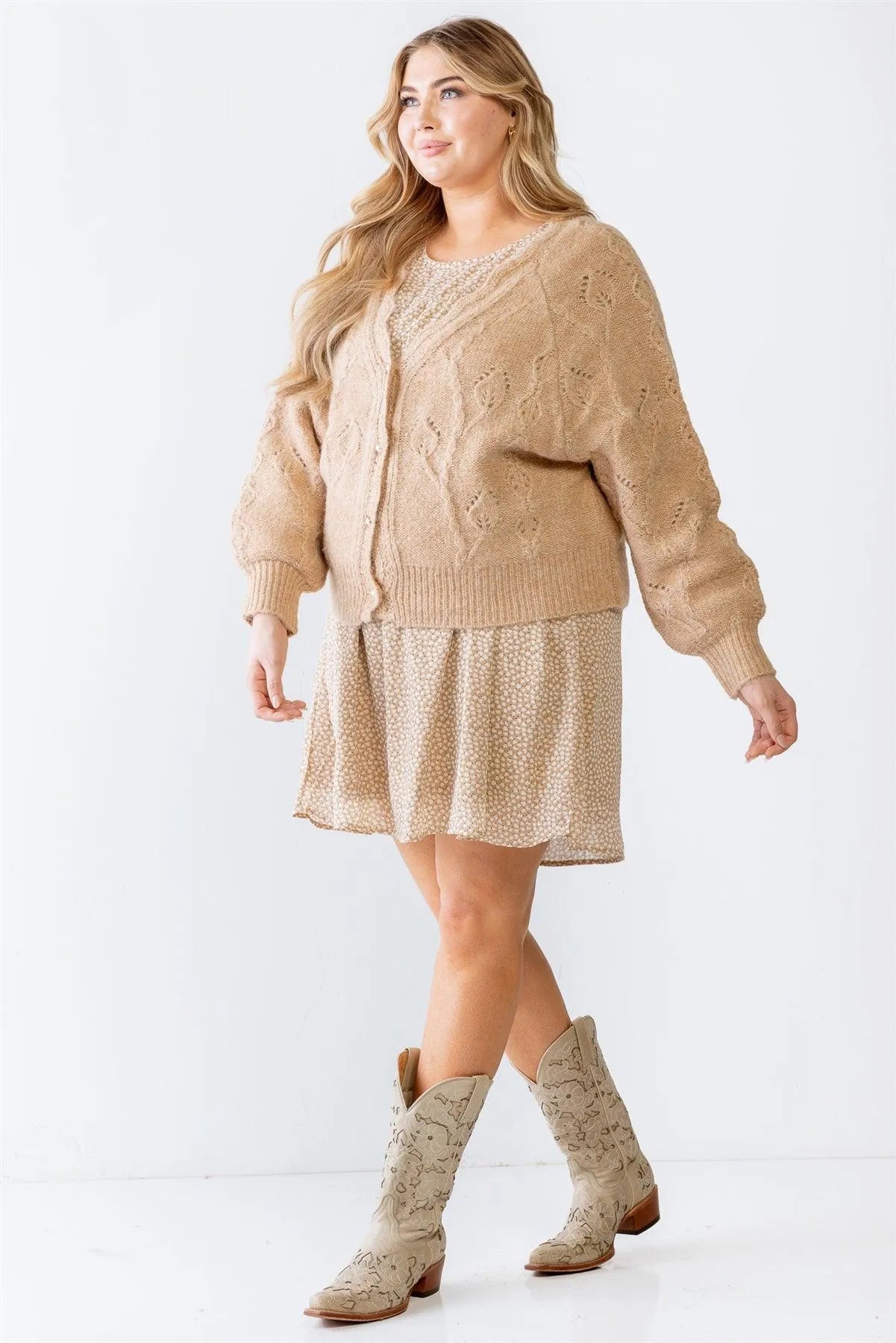 Plus Size Beige Cable Knit Pearl Buttons Cardigan /3-2-1 - Tasha Apparel Wholesale