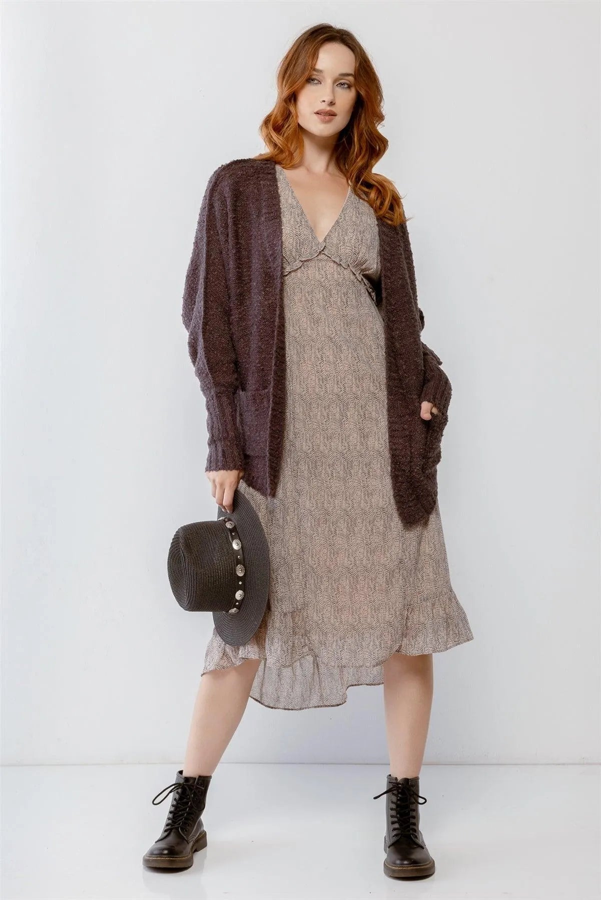 Charcoal Knit Textured Two Pocket Open Front Cardigan /1-2-2 - Tasha Apparel Wholesale