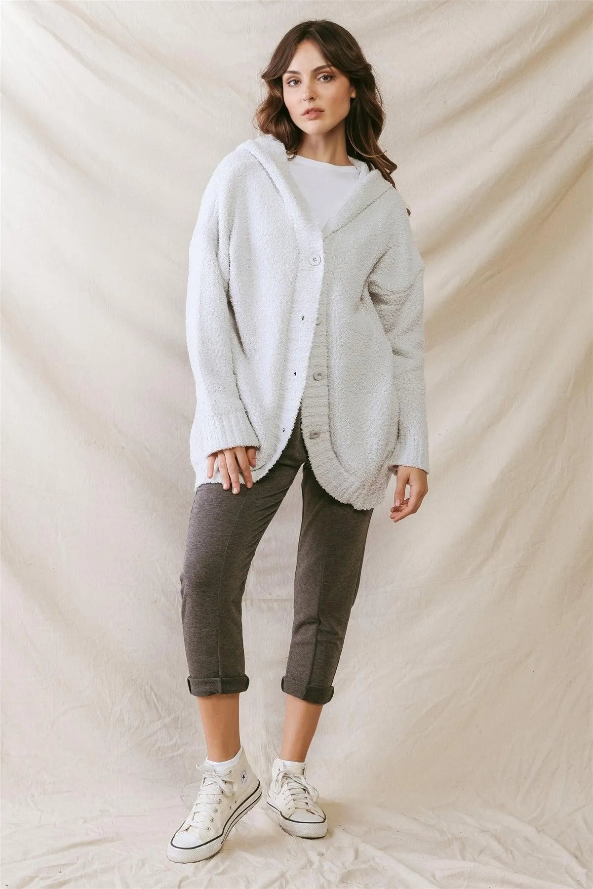 Grey Knit Hooded Two Pocket Button-Up Soft To Touch Sweater Cardigan /2-2-2 - Tasha Apparel Wholesale