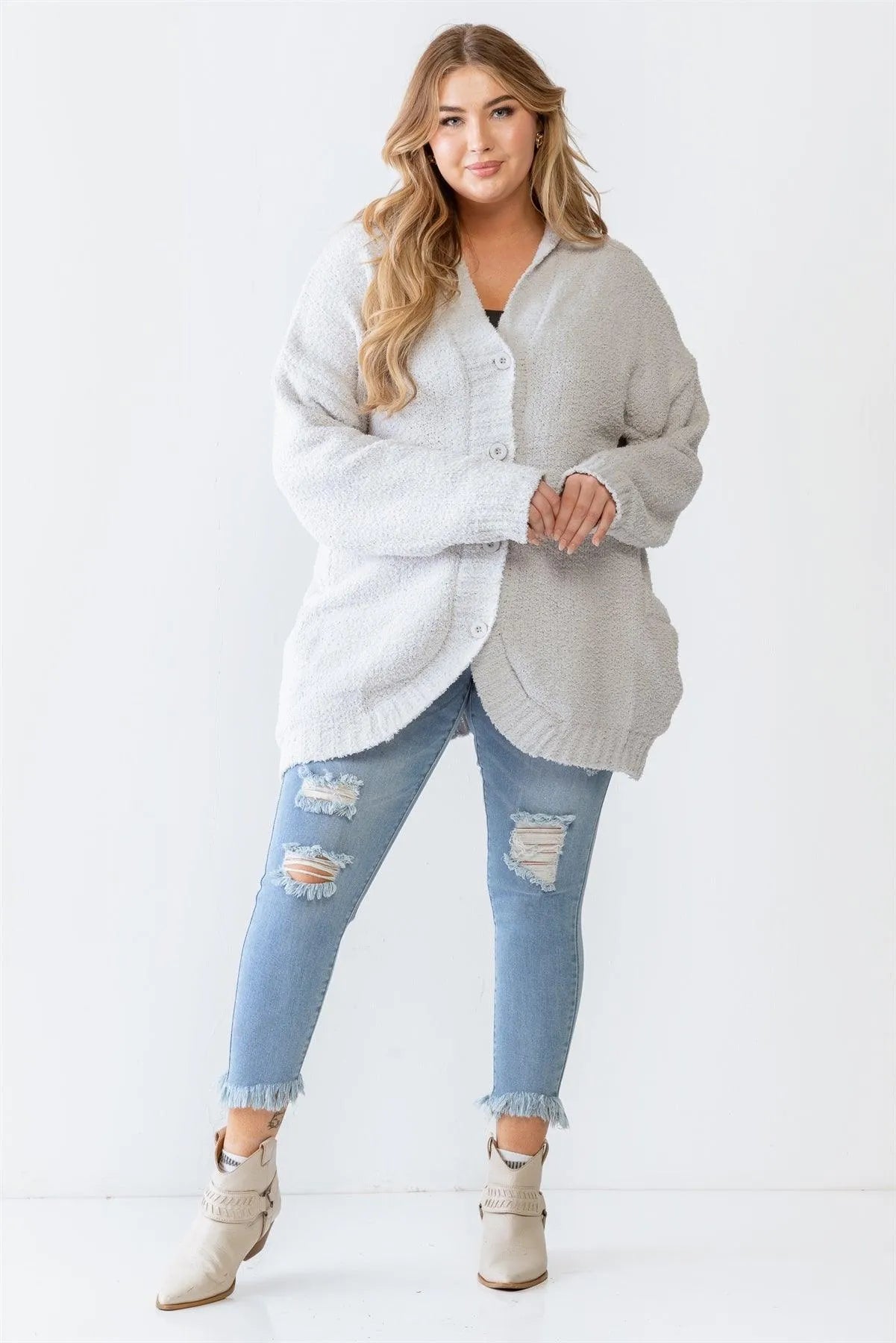 Junior Plus Grey Knit Hooded Soft Sweater Cardigan - Tasha Apparel Wholesale