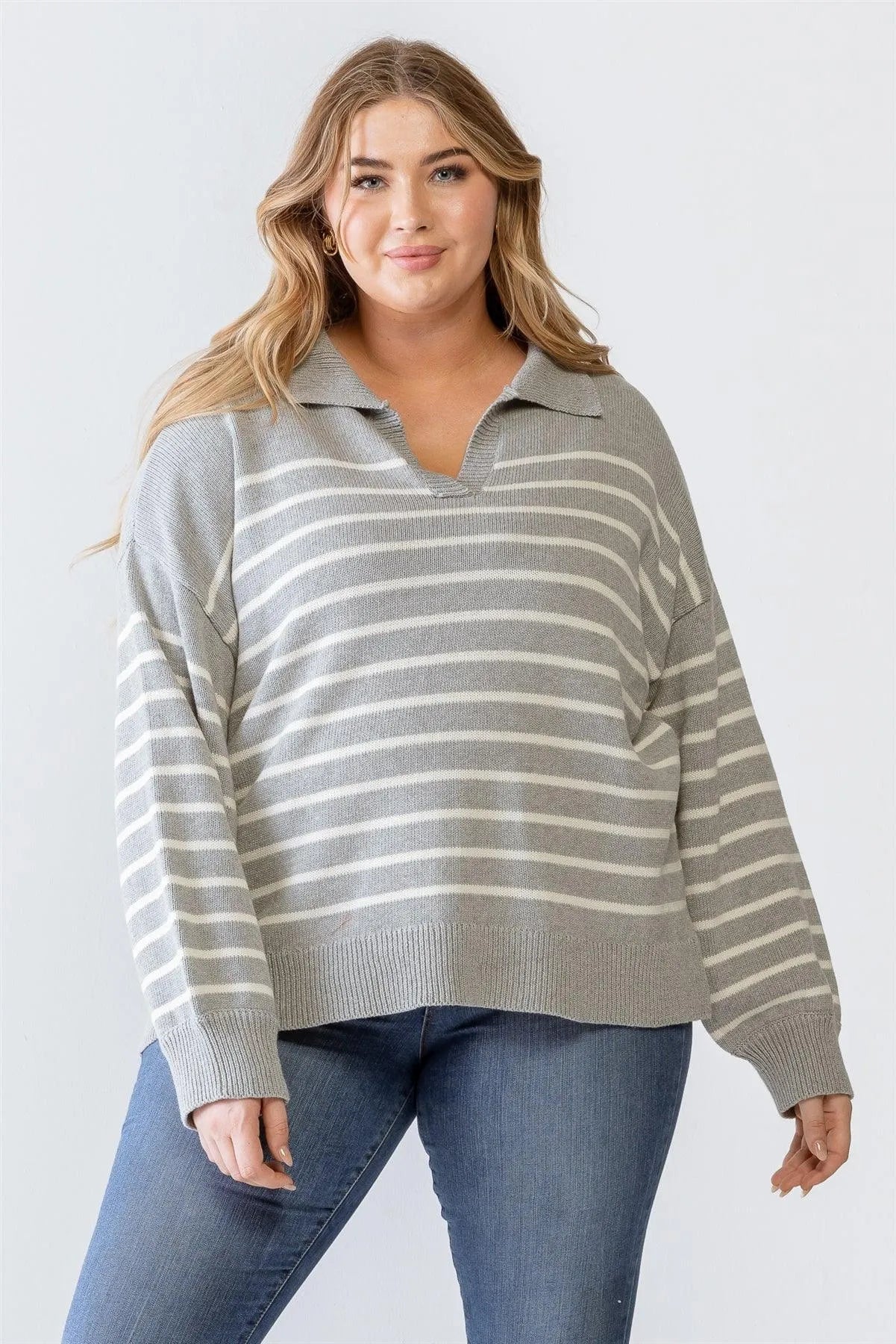 Plus Size Heather Grey Striped Collared Knit Sweater - Tasha Apparel Wholesale