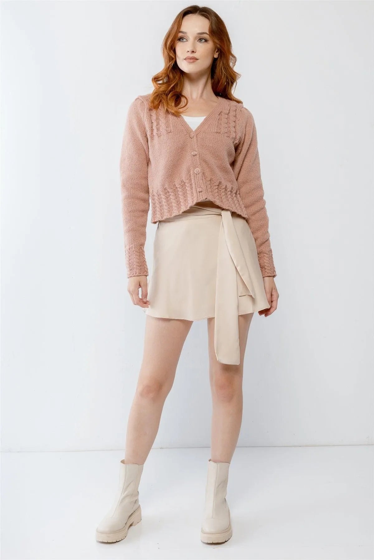 Blush Cable Knit Front Button-Up Long Sleeve Cropped Sweater /2-2-2 - Tasha Apparel Wholesale