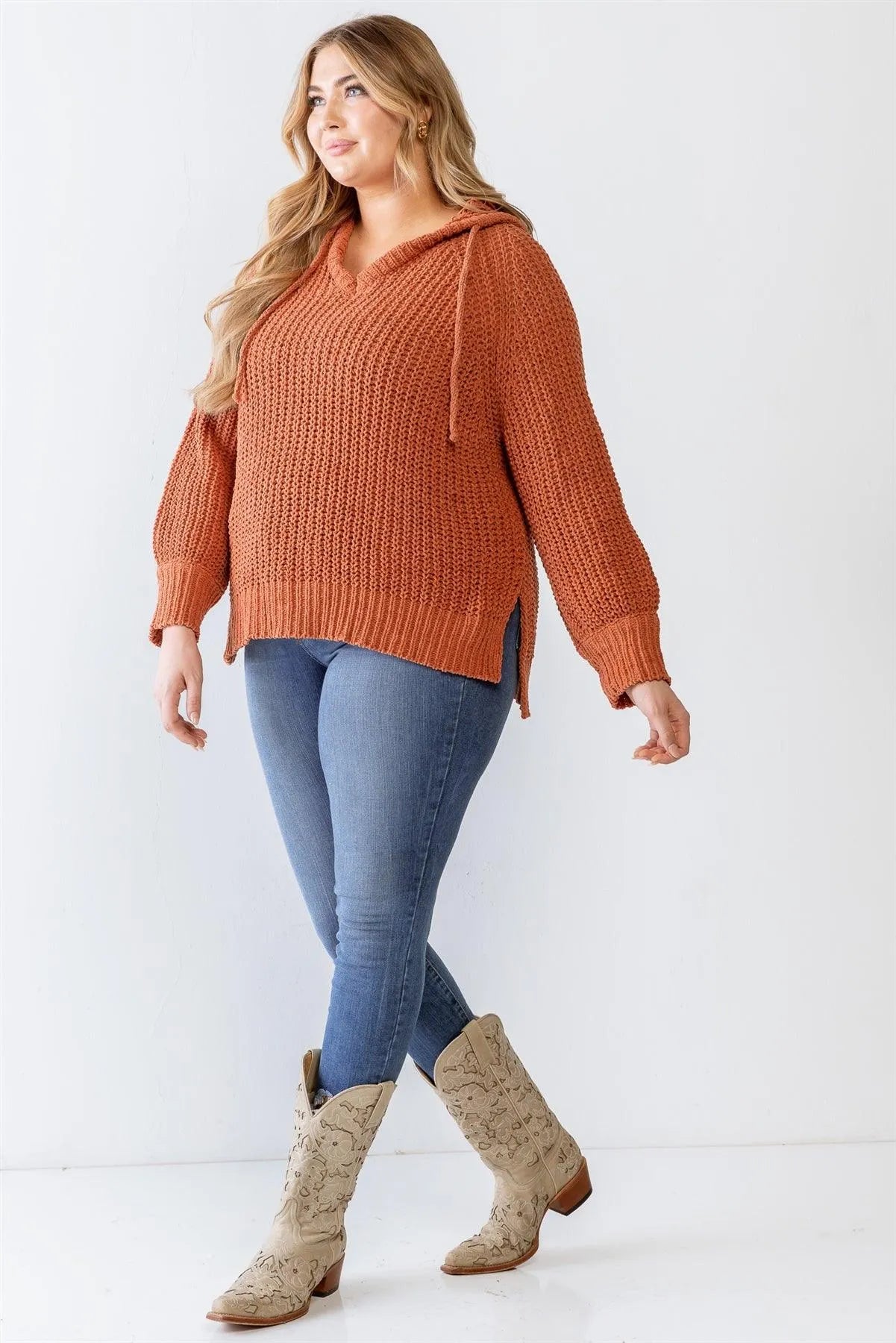 Junior Plus Rust Knit Soft To Touch Hooded Sweater /3-2-1 - Tasha Apparel Wholesale