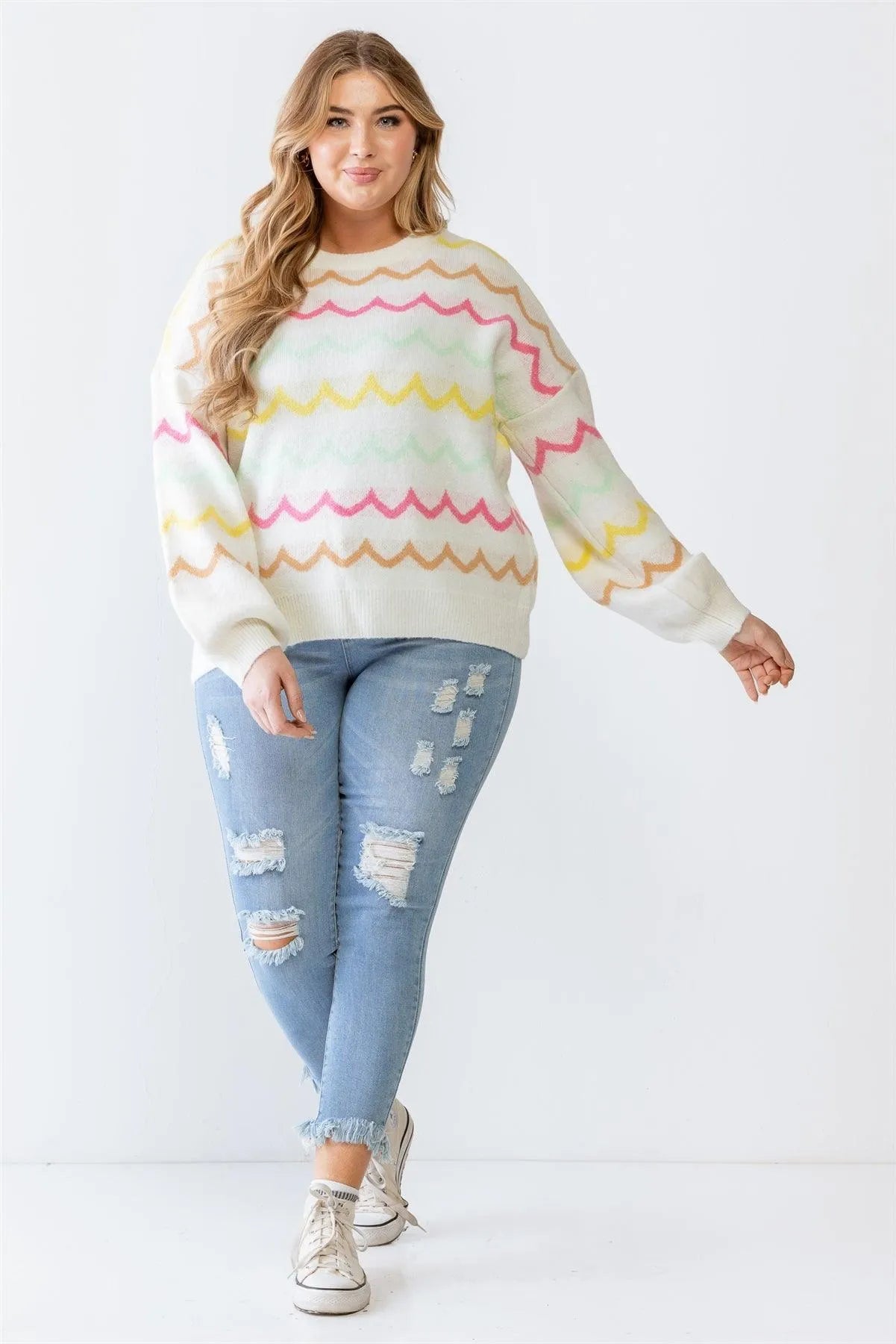 Junior Plus Cream Multicolor Wavy-Stripe Print Knit Long Sleeve Sweater /3-2-1 - Tasha Apparel Wholesale