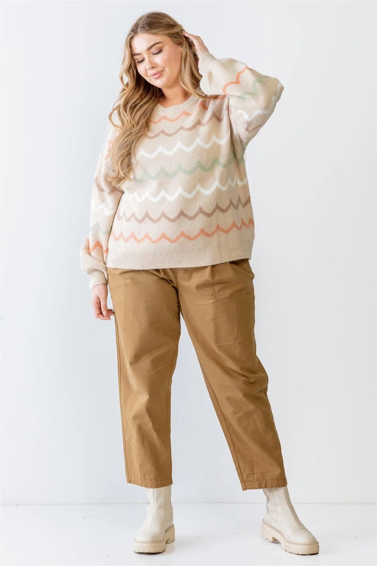 Junior Plus Taupe Multicolor Wavy-Stripe Print Knit Long Sleeve Sweater /2-2-1 - Tasha Apparel Wholesale