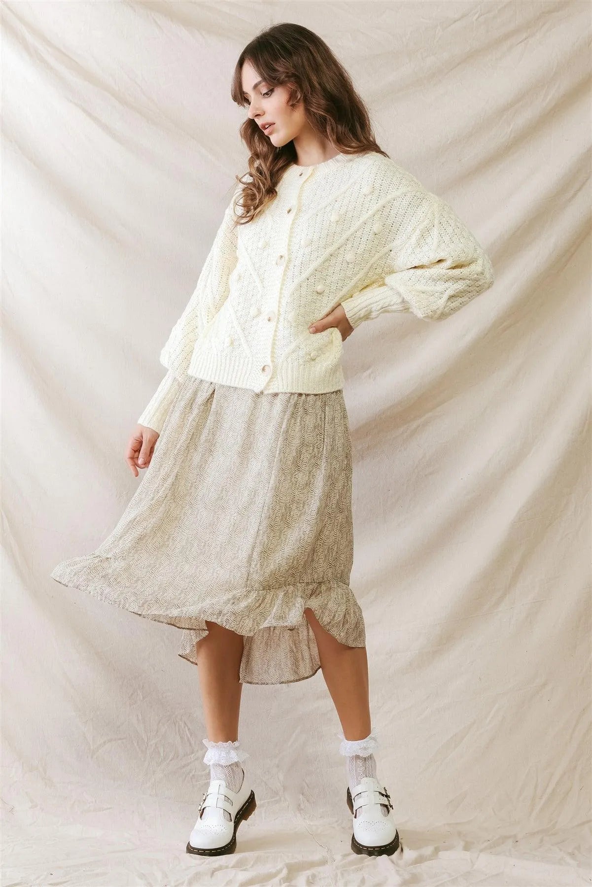 Cream Knit Button-Up Long Sleeve Sweater Cardigan /2-2-2 - Tasha Apparel Wholesale