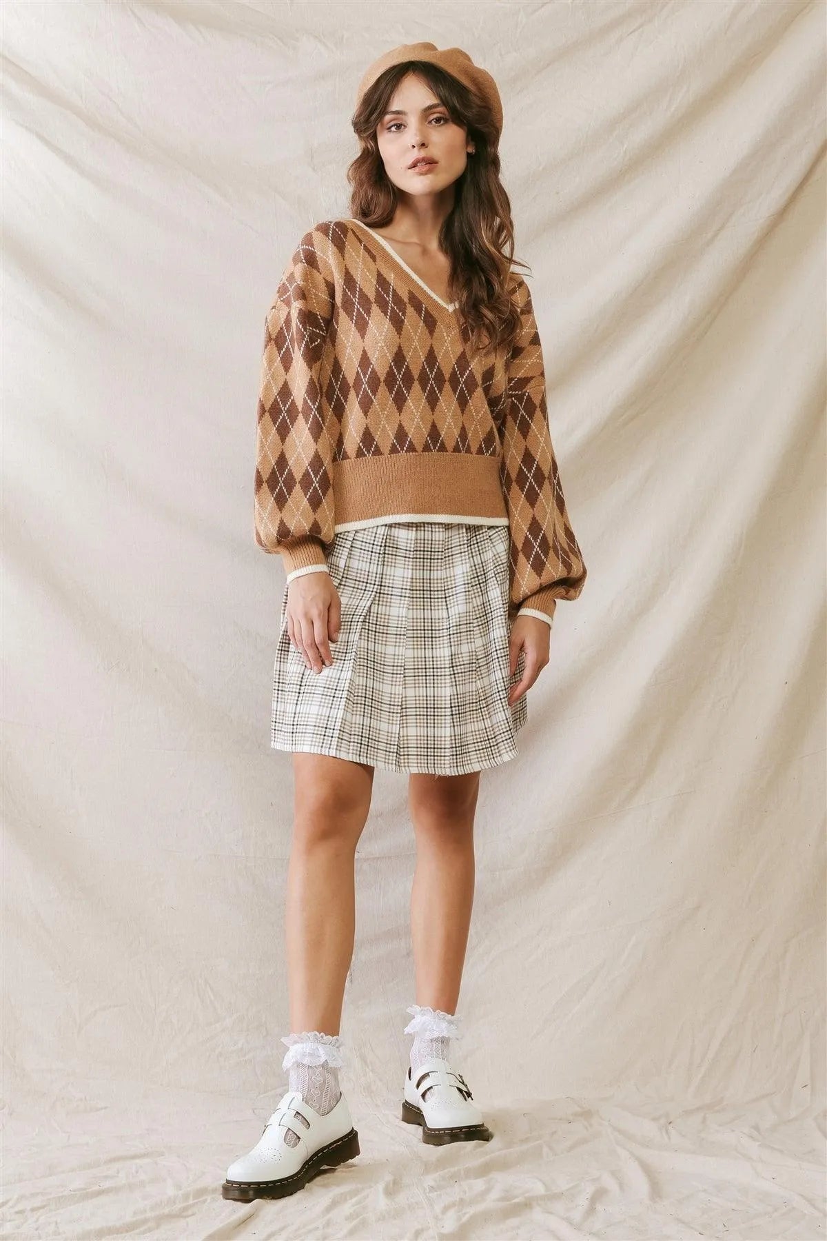 Camel Argyle Print Knit V-Neck Long Sleeve Sweater /2-2-2 - Tasha Apparel Wholesale