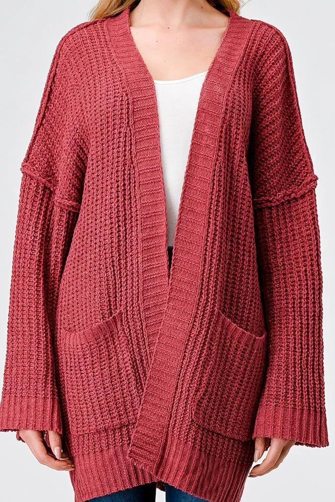 Brick Knit Long Sleeve Two Pocket Open Front Cardigan - Tasha Apparel Wholesale