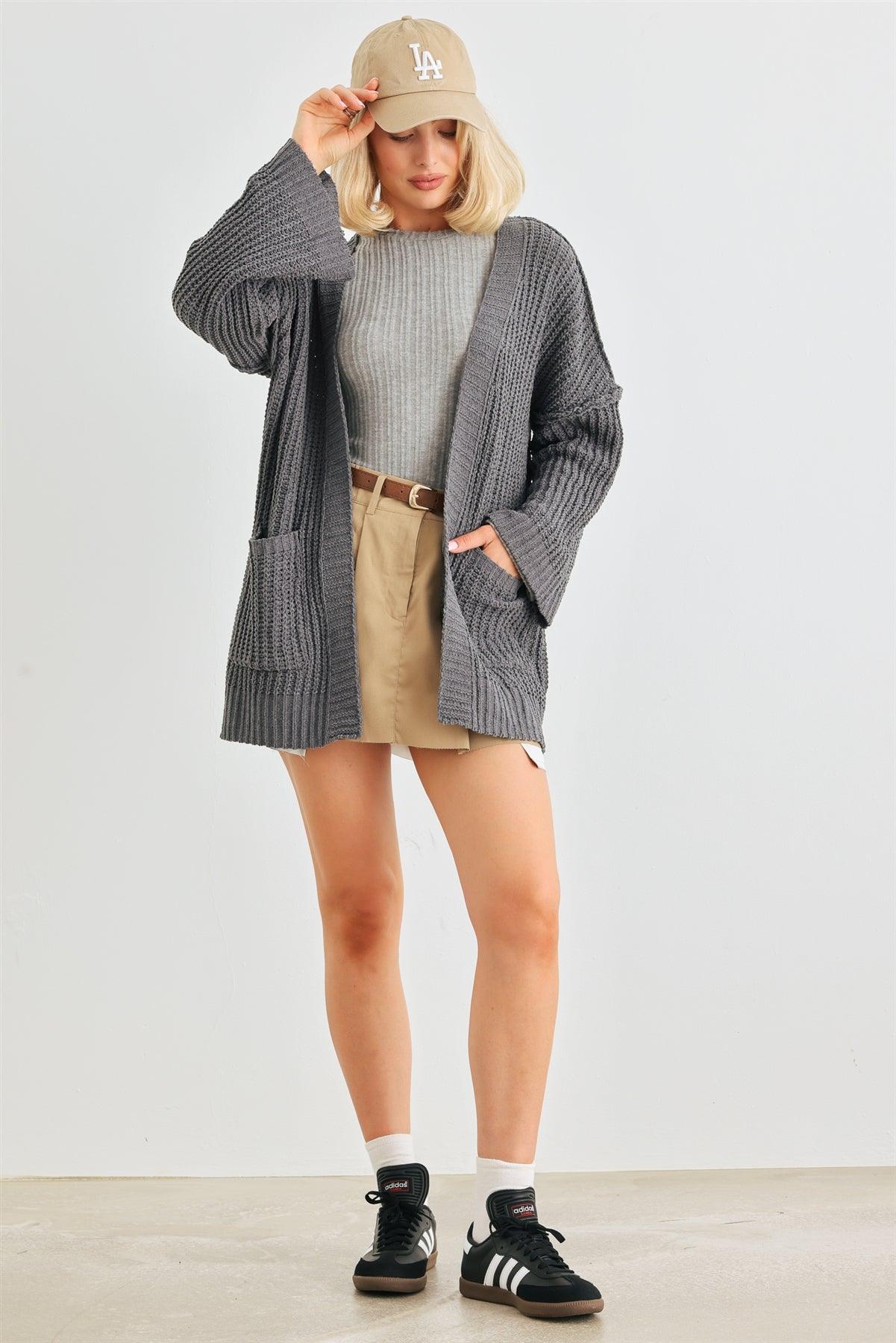 Charcoal Knit Long Sleeve Two Pocket Open Front Cardigan /2-2-2
