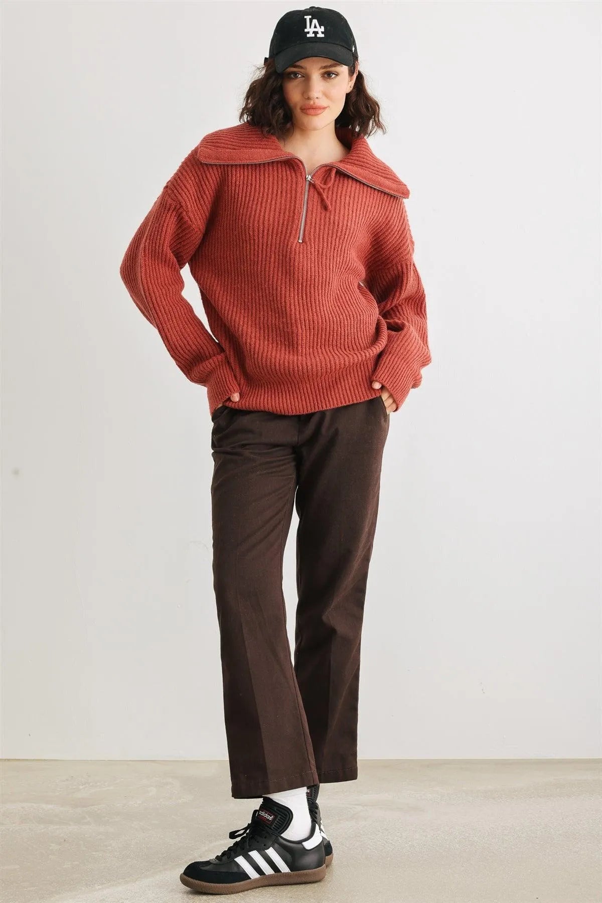 Rust Knit Zip-Up Turtle Neck Long Sleeve Sweater /2-2-2 - Tasha Apparel Wholesale