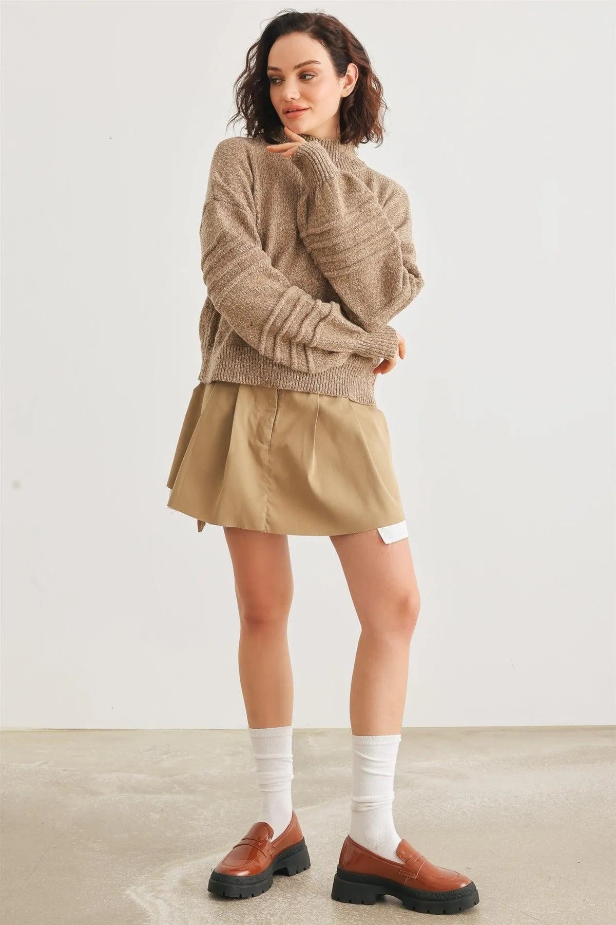 Camel Knit Mock Neck Lantern Sleeve Sweater /2-2-1 - Tasha Apparel Wholesale