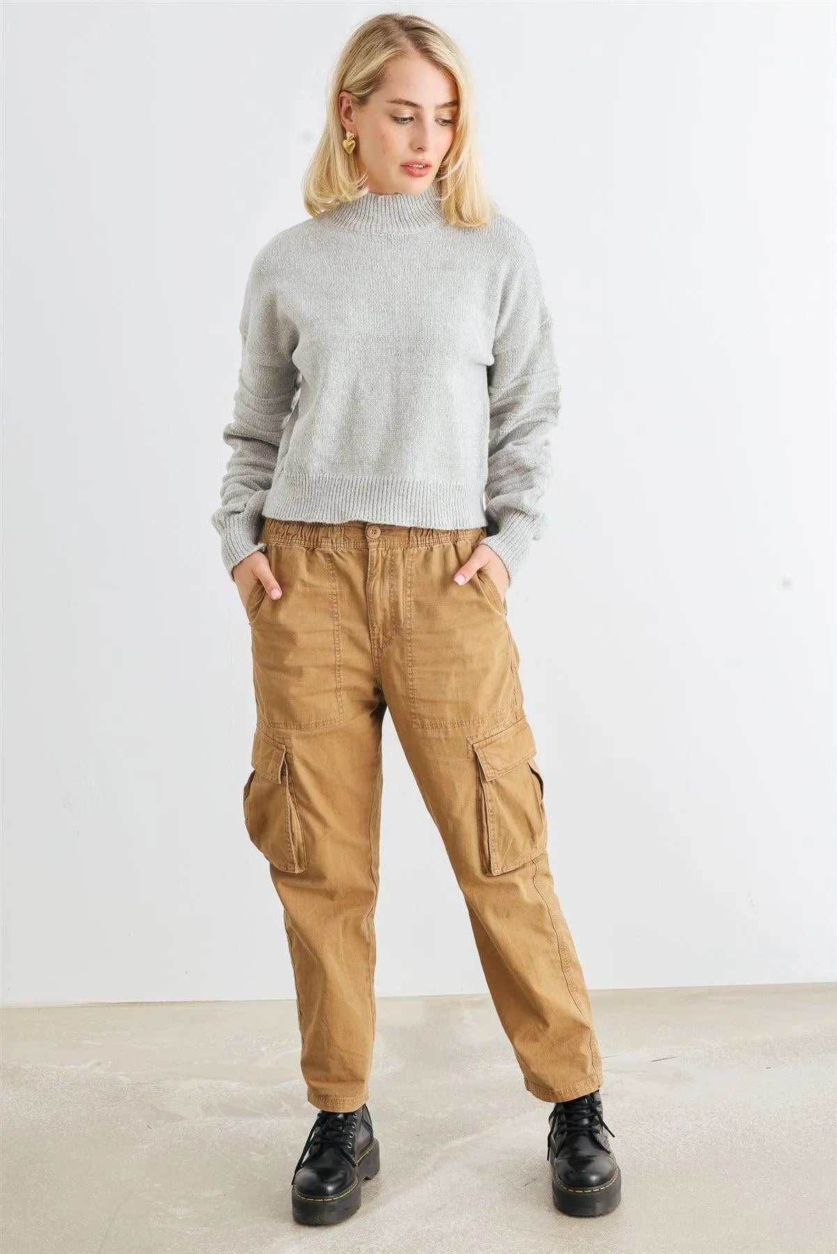 Heather Grey Knit Mock Neck Lantern Sleeve Sweater /3-1 - Tasha Apparel Wholesale