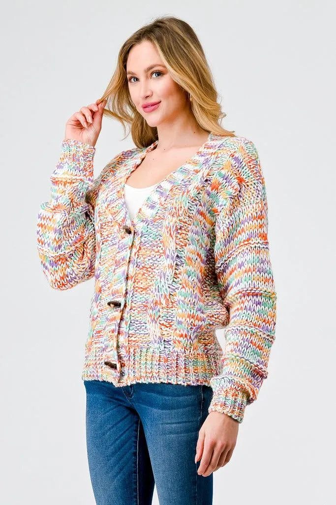 Rainbow Crochet Knit Wooden Button-Up Soft To Touch Cardigan /1-2-2 - Tasha Apparel Wholesale