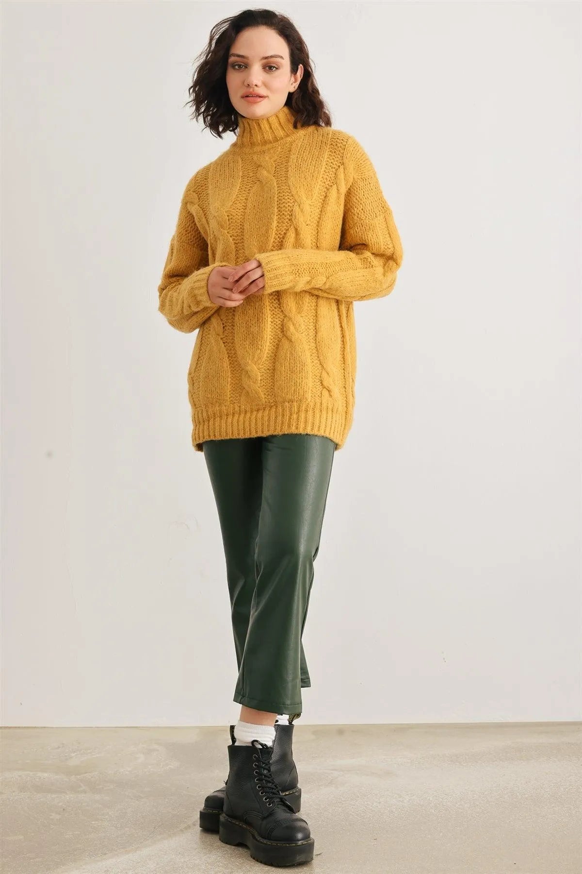 Mustard Cable Knit Turtle Neck Long Sleeve Sweater /1-1-1 - Tasha Apparel Wholesale