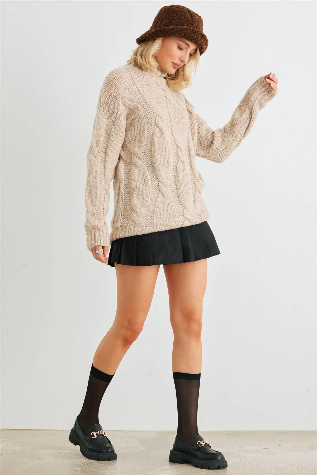 Taupe Cable Knit Turtle Neck Long Sleeve Sweater /2-2-2 - Tasha Apparel Wholesale