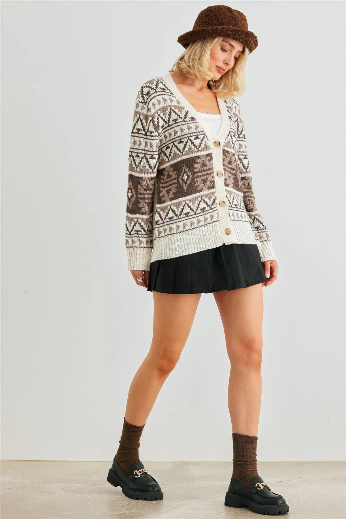 Cream Fair Isle Knit Button-Up Long Sleeve Cardigan Sweater /2-2 - Tasha Apparel Wholesale