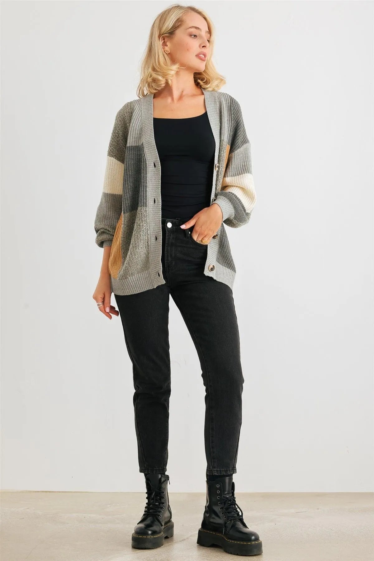 Grey Colorful Square Knit Button-Up Cardigan /2-2 - Tasha Apparel Wholesale