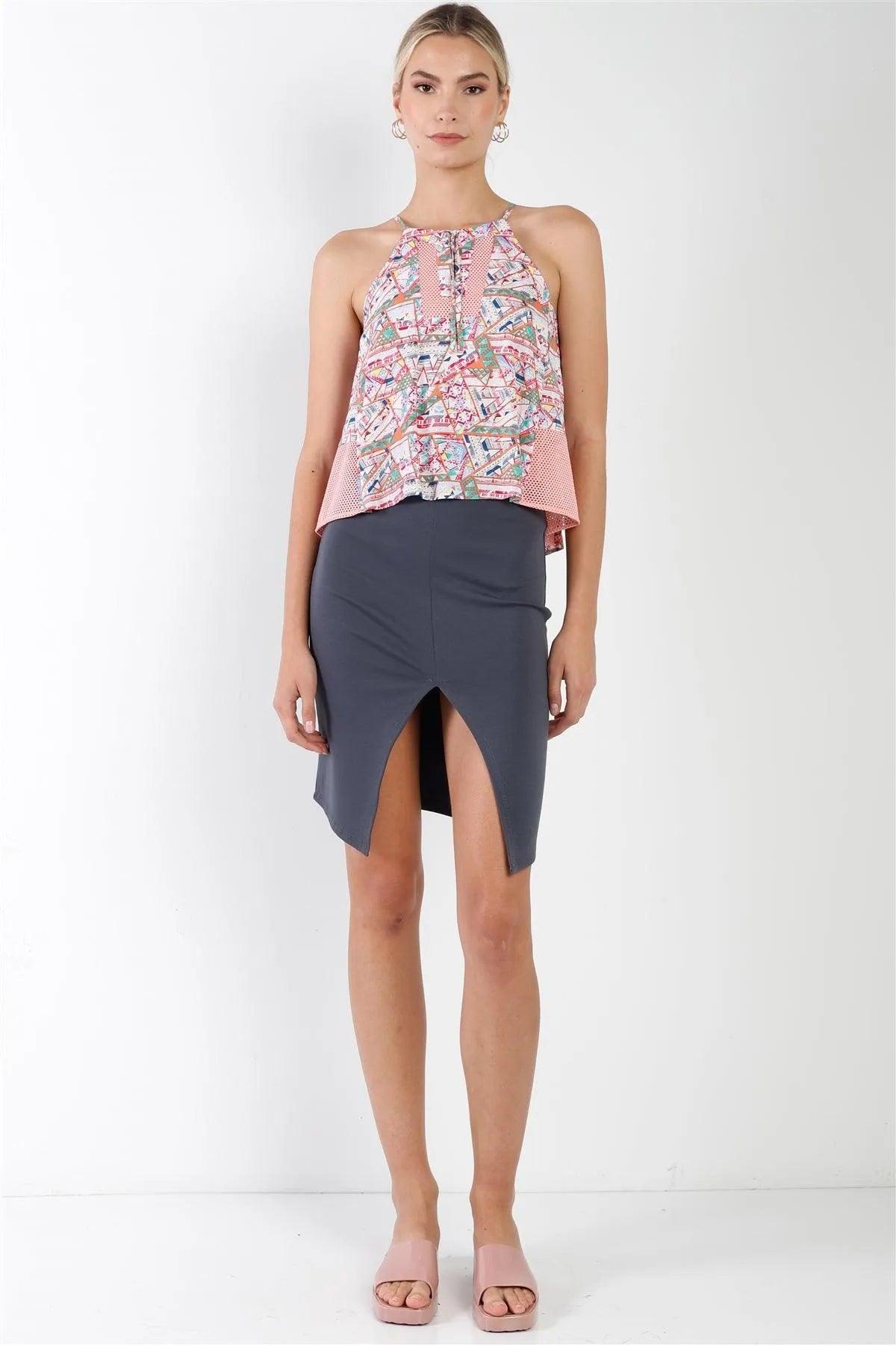 Multi Pink Geometic Print Mesh Sides Top /2-2-1 - Tasha Apparel Wholesale