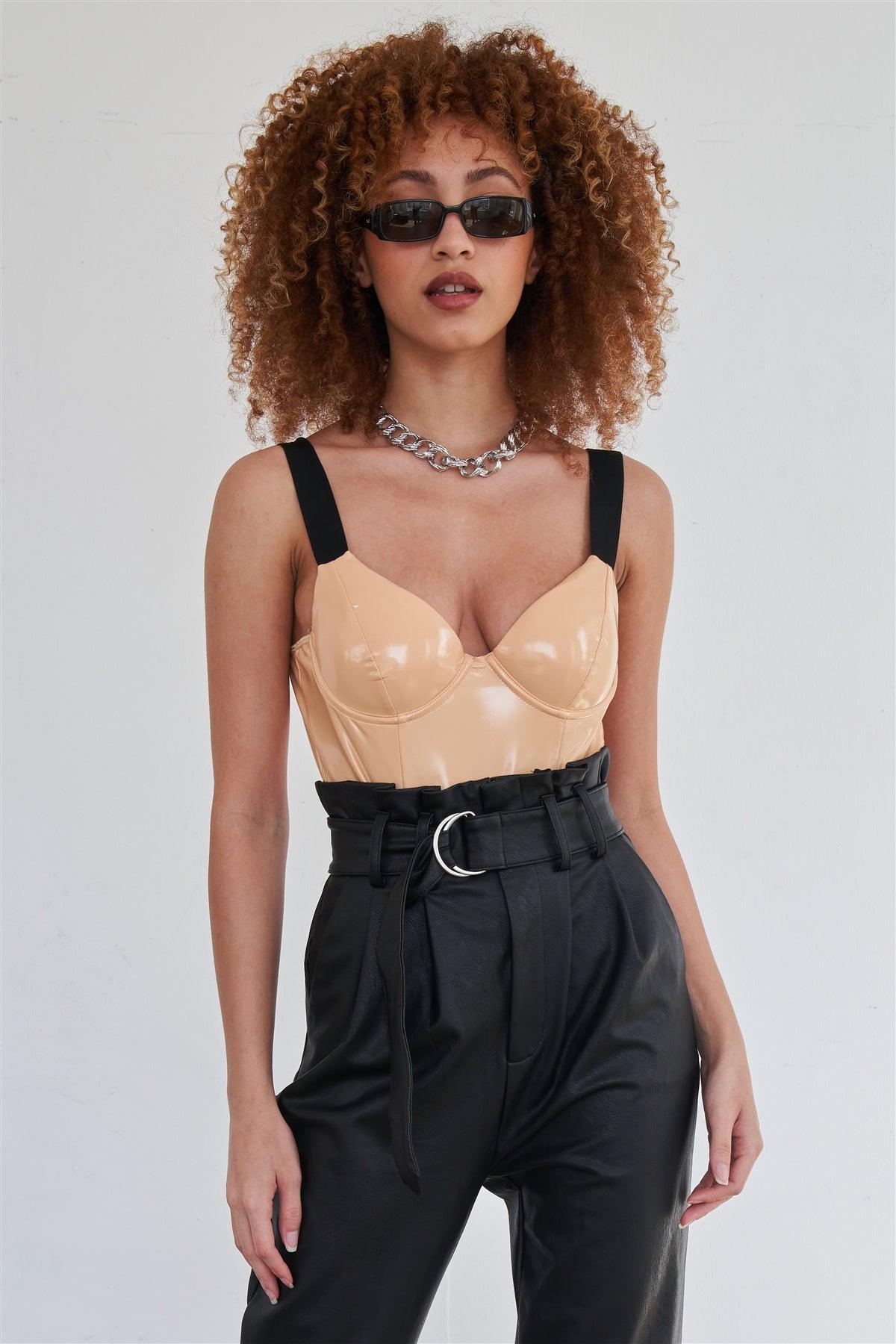 Wholesale Nude Vegan Leather Elastic Strap Bustier Bodysuit