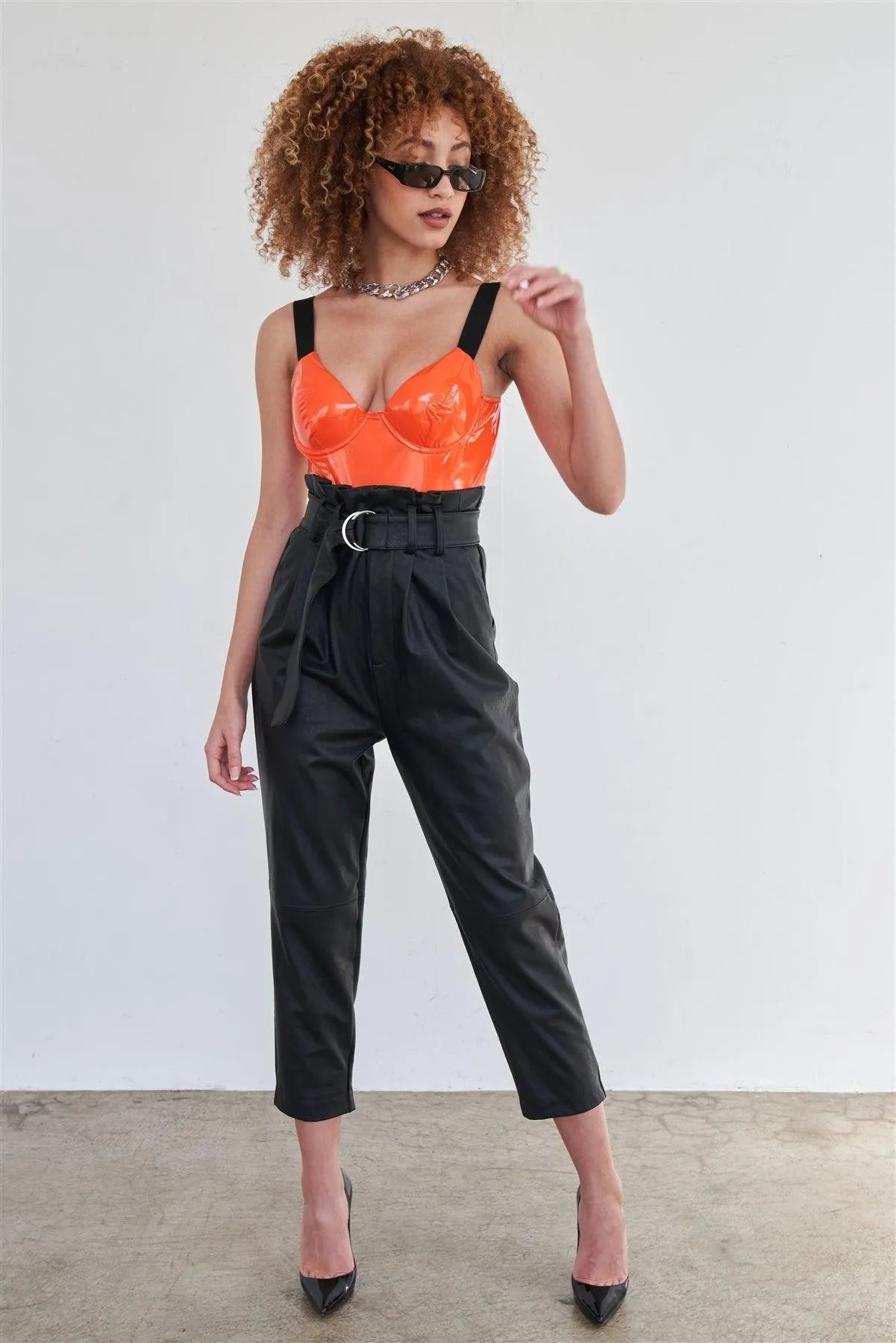Orange Vegan Leather Elastic Strap Bustier Bodysuit - Tasha Apparel Wholesale