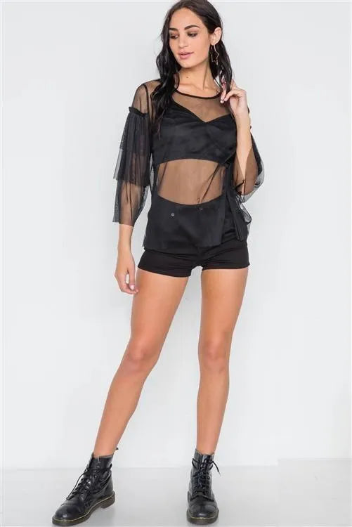 Black Sheer Two Piece Mash Long Sleeves Top - Tasha Apparel Wholesale