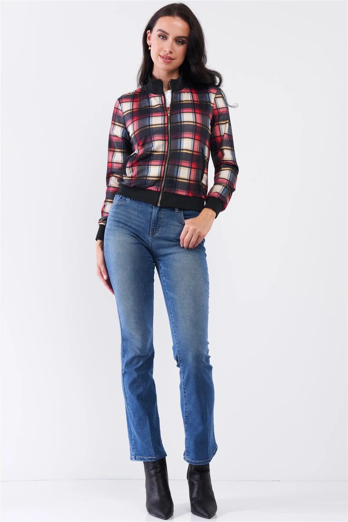 Beige Multicolor Flannel Check Print Two Pockets Detail Front Zip-Up Light Bomber Jacket /1-1-1-1 - Tasha Apparel Wholesale