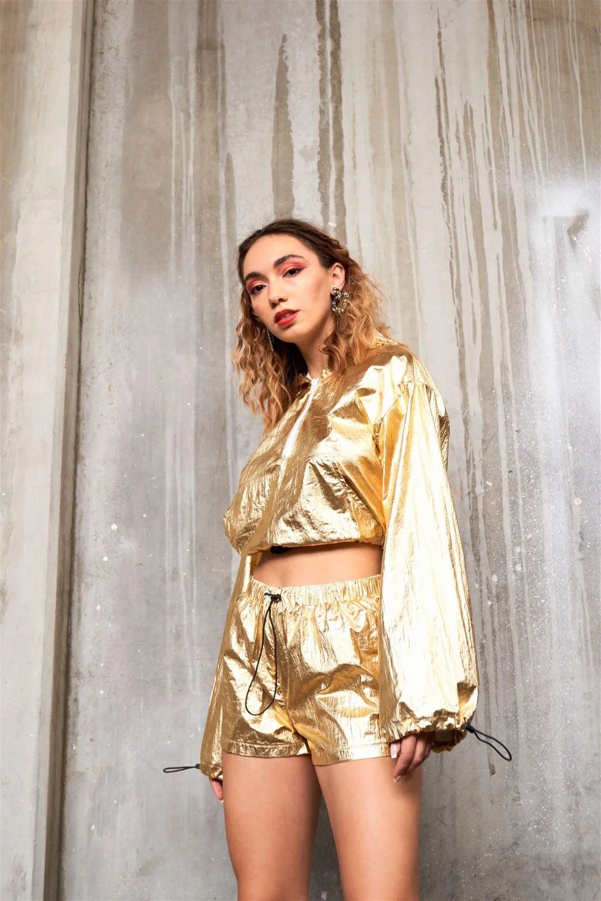 Metallic Gold Water Proof Hooded Draw String Crop Top & Short Sporty Activewear Set /2-2-2 - Tasha Apparel Wholesale