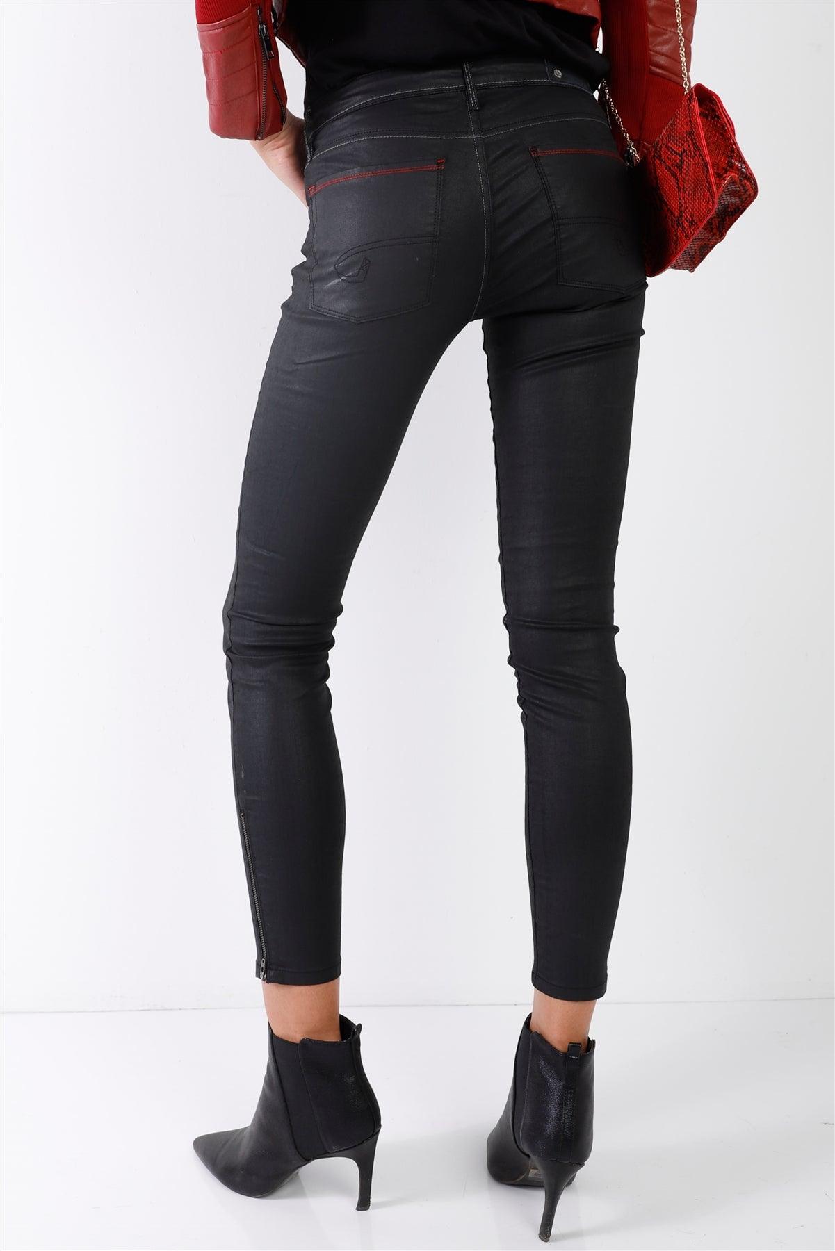 David Bitton Black Glossy Coated Contrast White & Red Thread Stitch Low Rise Skinny Jeans