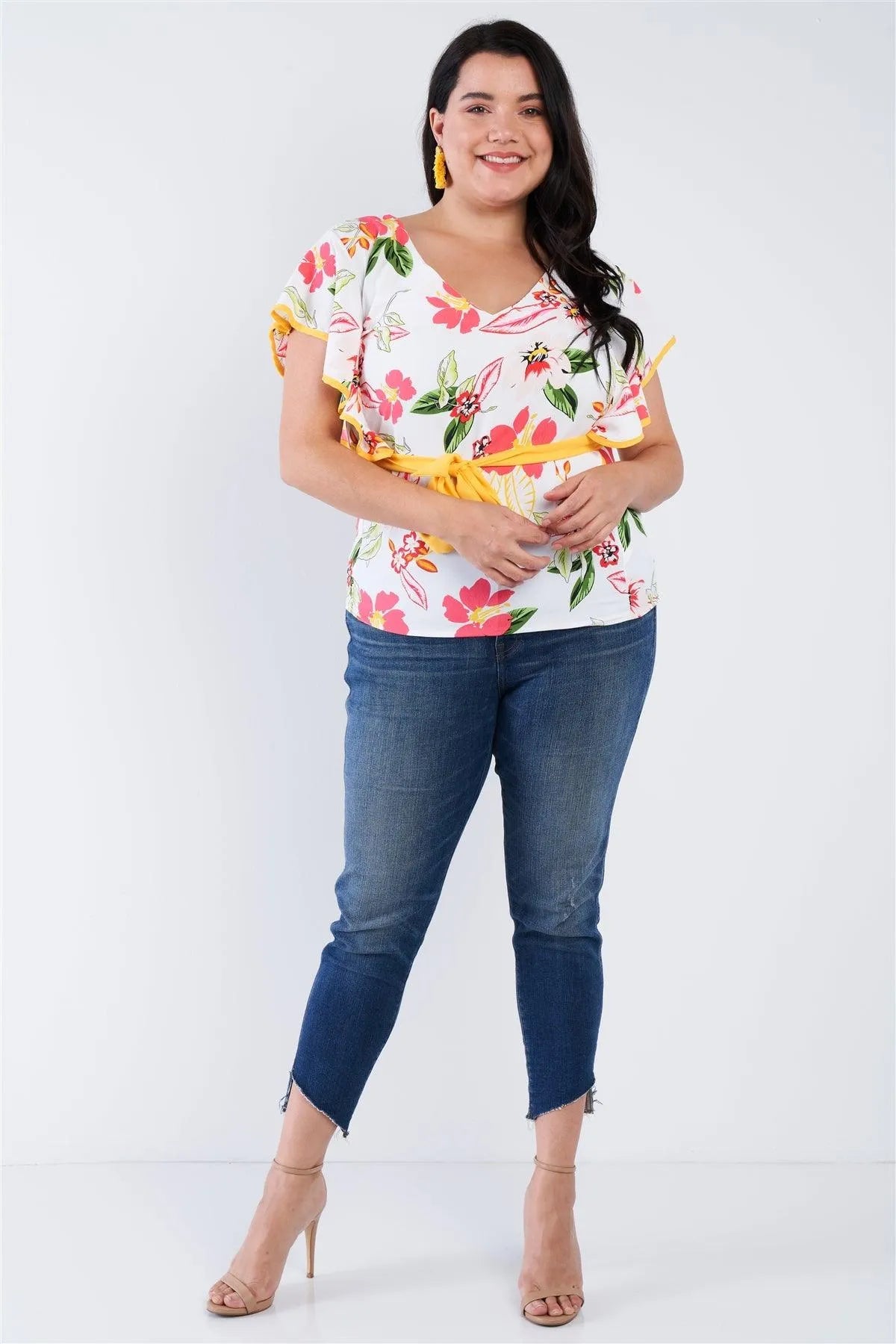 Junior Plus Size White Tropical Floral Print Mock Sleeve Chiffon Semi-Sheer Top /1-2-3 - Tasha Apparel Wholesale