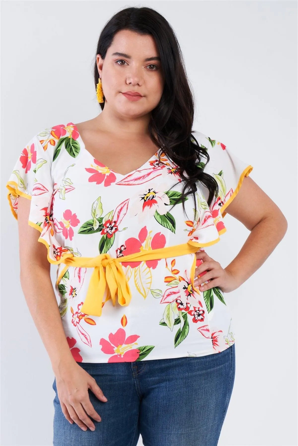 Plus Size White Tropical Floral Print Mock Sleeve Chiffon Semi-Sheer Top /2-3-2 - Tasha Apparel Wholesale