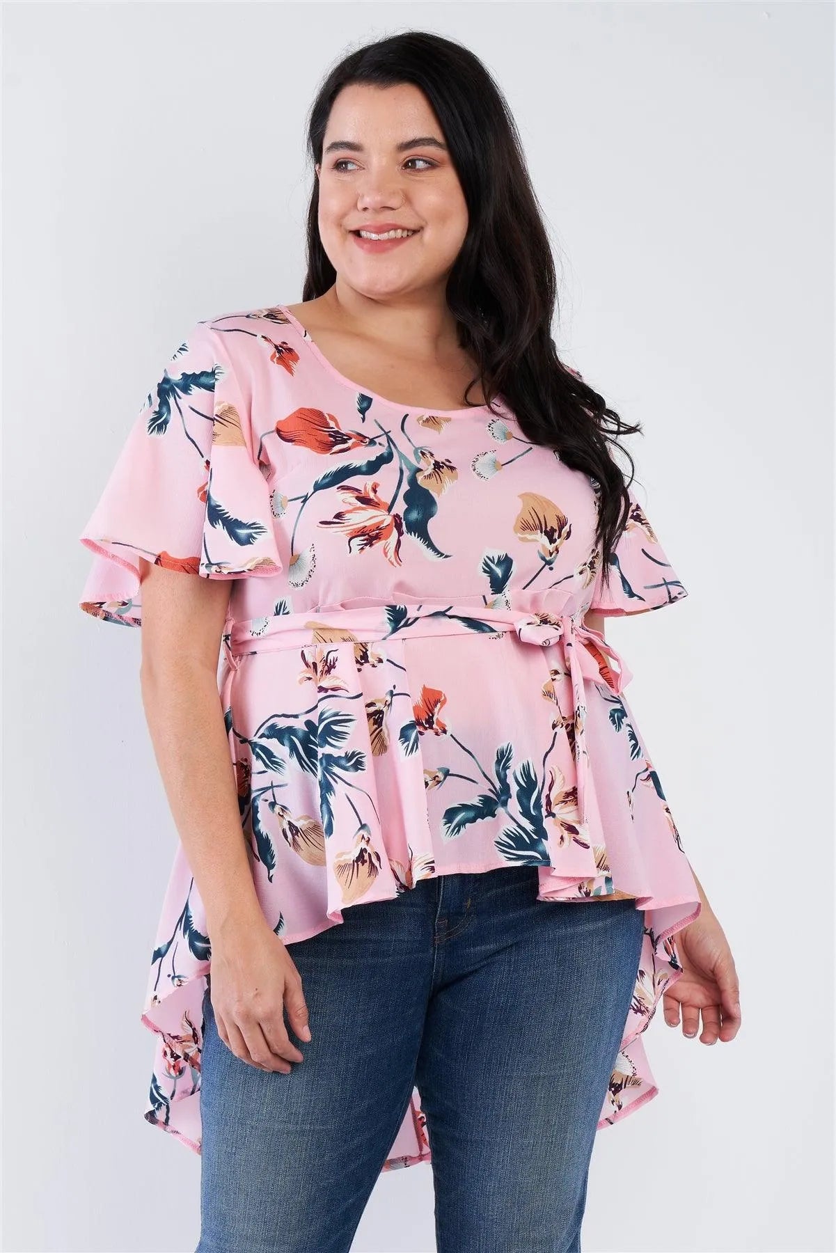 Junior Plus Size Pink Multi Floral Print Wrap High-Low Top /2-2-2 - Tasha Apparel Wholesale